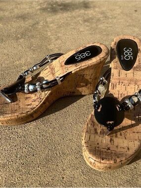 385 Fifth Cork Wedge Sandals with Black Beaded Accents
